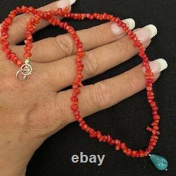 Lovely Estate Sterling Silver Coral & Turquoise Teardrop Bead Necklace 18 Long