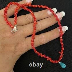 Lovely Estate Sterling Silver Coral & Turquoise Teardrop Bead Necklace 18 Long