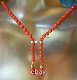 Lovely Solid 14KT Gold Natural Italian Coral Necklace, Hand Knotted, 18.75