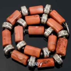 MENS Heavy Coral Necklace Sterling Silver Hammered Beads CHUNKY Old Pawn