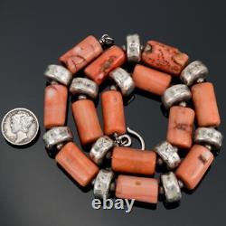 MENS Heavy Coral Necklace Sterling Silver Hammered Beads CHUNKY Old Pawn