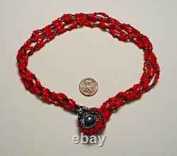 MIRIAM HASKELL 4-strand Gripoix Red Coral Glass Bead Hematite Cluster Necklace