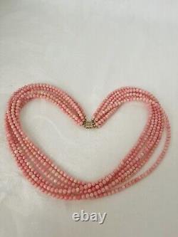 Marvelous Angel Skin Coral Multi-strand Bead Necklace with 14K Gold Filigree Clasp