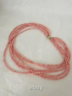 Marvelous Angel Skin Coral Multi-strand Bead Necklace with 14K Gold Filigree Clasp