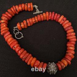 Massive Heavy Estate Sterling Silver Hand Made Coral Toggle Necklace 19 Long