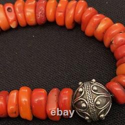 Massive Heavy Estate Sterling Silver Hand Made Coral Toggle Necklace 19 Long