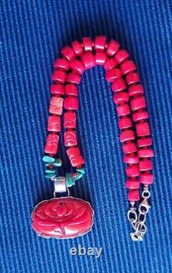 Massive Heavy Estate Sterling Silver Hand Made Dyed Coral Toggle Necklace 17+