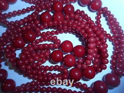 Mediterranean Blood Red Coral Bead Vintage 3 Strand Necklace 70 grams