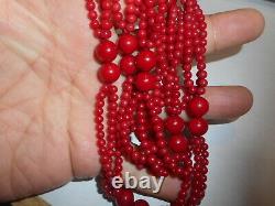 Mediterranean Blood Red Coral Bead Vintage 3 Strand Necklace 70 grams