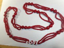 Mediterranean Blood Red Coral Bead Vintage Undyed 3 Strand Necklace