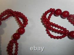 Mediterranean Blood Red Coral Bead Vintage Undyed 3 Strand Necklace