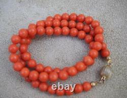 Mediterranean Coral Beads 6.5 mm Necklace Sterling Vermeil Clasp 18 inches 26.3g