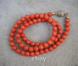 Mediterranean Coral Beads 6.5 mm Necklace Sterling Vermeil Clasp 18 inches 26.3g