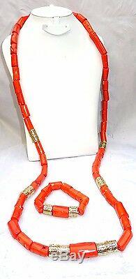 Men Traditional Long Coral African Nigerian Beads Necklace Bracelet Jewellery