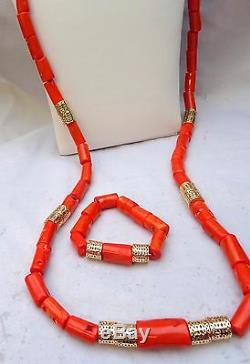 Men Traditional Long Coral African Nigerian Beads Necklace Bracelet Jewellery