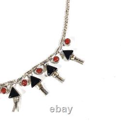 Mexico Onyx and Coral Sterling Silver Charm Choker Beaded Necklace 16.5