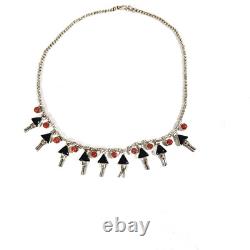 Mexico Onyx and Coral Sterling Silver Charm Choker Beaded Necklace 16.5