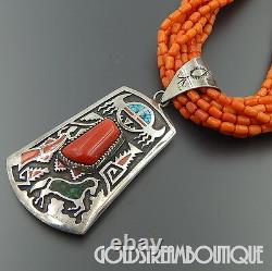 Michael Perry Navajo 925 Silver Red Coral Ethnic Inlay Beaded Coral Necklace