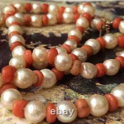 Mid Century Necklace Real Baroque Pearl coral Gold Clasp Pink Overtone Lustrous