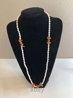 Miriam Haskell Branch Coral & Milk glass Beaded Necklace, Filigree Spacers! 30