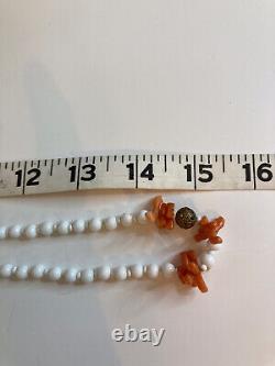 Miriam Haskell Branch Coral & Milk glass Beaded Necklace, Filigree Spacers! 30