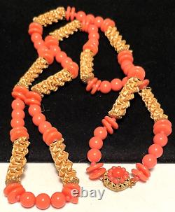 Miriam Haskell Necklace Rare Vintage Gilt Coral Lucite 30 Signed A53