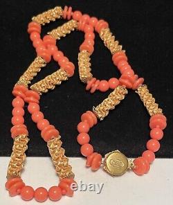 Miriam Haskell Necklace Rare Vintage Gilt Coral Lucite 30 Signed A53
