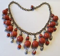 Miriam Haskell Signed Dangling Baroque Pearl & Coral Baroque Bead Necklace