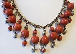 Miriam Haskell Signed Dangling Baroque Pearl & Coral Baroque Bead Necklace