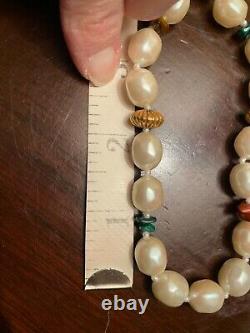 Miriam Haskell Signed Pearl & Coral Amber Glass Bead Necklace Vintage