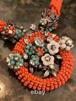 Miriam Haskell look necklace vintage coral crystals turquoise beads gorgeous