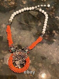 Miriam Haskell look necklace vintage coral crystals turquoise beads gorgeous