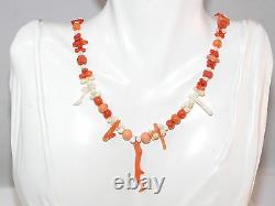 Mixed White Red Salmon Coral Bead Carved Branch 15.5 Necklace 22.5 grams 7g 80