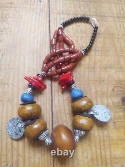 Moroccan Berber Necklace with Resin beads, Old Red Coral and Berber coins
