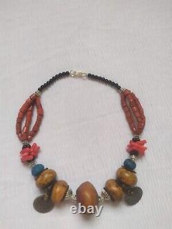 Moroccan Berber Necklace with Resin beads, Old Red Coral and Berber coins