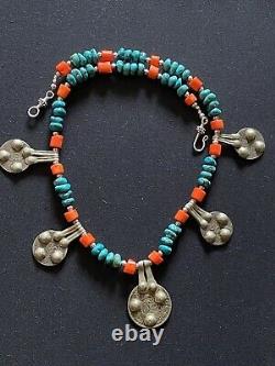 Moroccan Vintage coins & turquoise with coral Amazigh Berber handmade Necklace