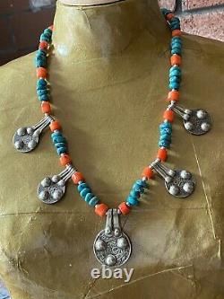 Moroccan Vintage coins & turquoise with coral Amazigh Berber handmade Necklace