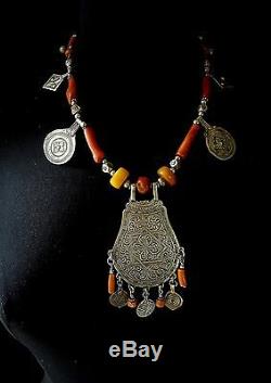 Morocco Beautiful silver berber necklace made of genuine coral and amber beads