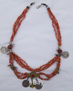 Morocco Berber necklace, enamelled Talisman, genuine coral, various beads