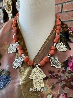 Morrocan Berber Khamsa hand of Fatima & Rare Orange coral Vintage Boho Necklace