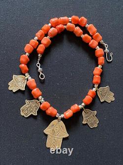 Morrocan Berber Khamsa hand of Fatima & Rare Orange coral Vintage Boho Necklace