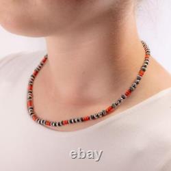 NAVAJO PEARLS Necklace NATURAL CORAL Sterling Silver 5mm Antiqued 18in Beads
