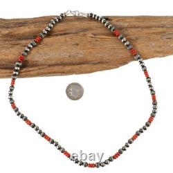 NAVAJO PEARLS Necklace NATURAL CORAL Sterling Silver 5mm Antiqued 18in Beads