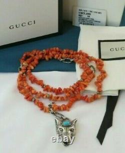 NEW GUCCI ANGER FOREST NECKLACE, STERLING WOLF HEAD With TURQ CAB, CORAL, RUNWAY