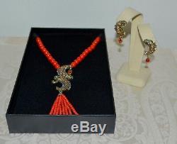 NIB $280 HEIDI DAUS Dazzling Dragon Koi Set Coral Bead Crystal Necklace Earrings