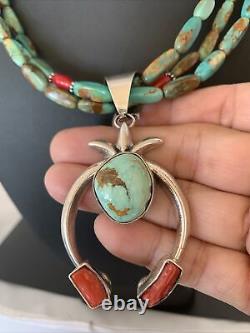 Native Am Navajo Royston TURQUOISE CORAL Sterling Silver 3S Necklace Pendant3112
