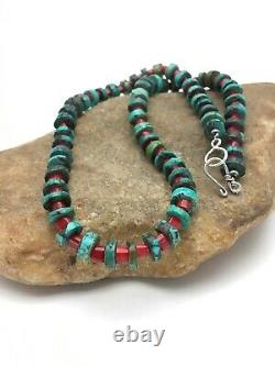 Native American 10 mm Turquoise Heishi, Bamboo Coral Sterling Silver Necklace