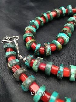 Native American 10 mm Turquoise Heishi, Bamboo Coral Sterling Silver Necklace