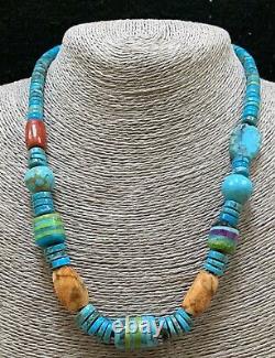 Native American Kewa Ronald Chavez Turquoise Inlay Heishi Bead Necklace