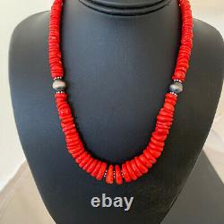 Native American Navajo Graduated Red CORAL Sterling Silver Bead 18Necklace01950